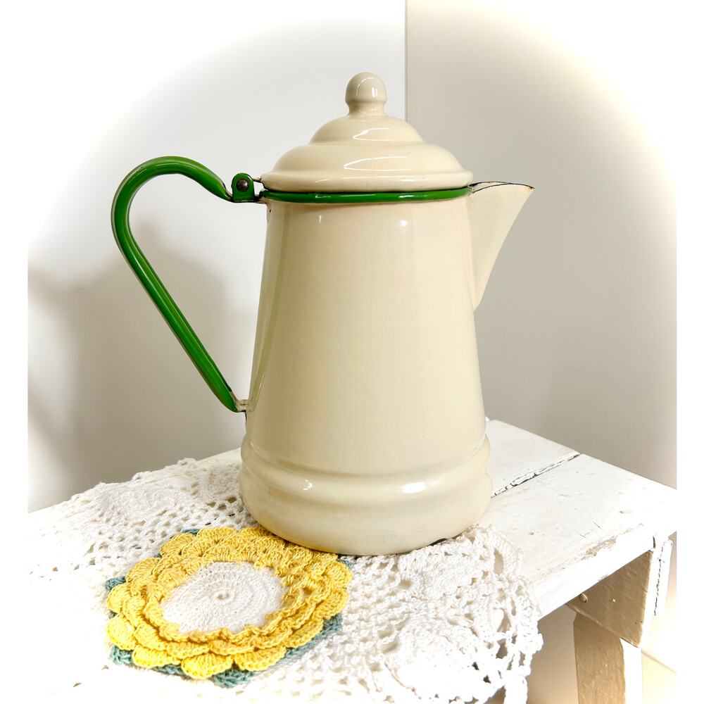 MCM Enamelware Coffee or Tea Pot – Cream with Green Trim – Farmhouse/Cottage